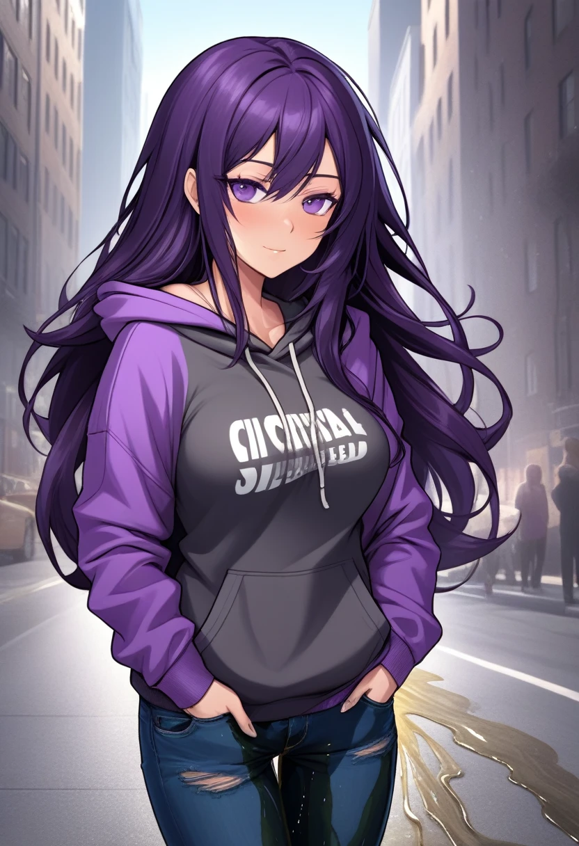 (masterpiece:1.37), best quality, (extremely detailed:1.37) woman, (mature:1.75), (adult:1.5), (very long hair:1.5), dark purple hair, purple eyes, (extremely detailed eyes:1.37), breasts stylish hoodie, jeans, (wetting herself:2.0), standing straight, full body day, daytime, glow, facing viewer, perfect composition, full body, city, street