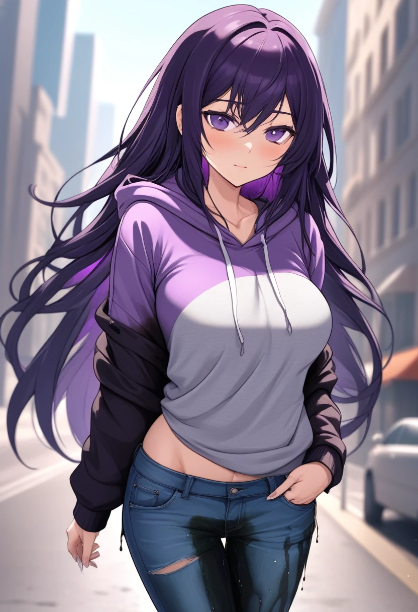 (masterpiece:1.37), best quality, (extremely detailed:1.37) woman, (mature:1.75), (adult:1.5), (very long hair:1.5), dark purple hair, purple eyes, (extremely detailed eyes:1.37), breasts stylish hoodie, jeans, (wetting herself:2.0), standing straight, full body day, daytime, glow, facing viewer, perfect composition, full body, city, street