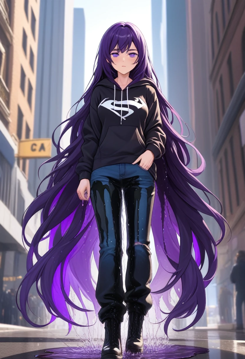 (masterpiece:1.37), best quality, (extremely detailed:1.37) woman, (mature:1.75), (adult:1.5), (very long hair:1.5), dark purple hair, purple eyes, (extremely detailed eyes:1.37), breasts stylish hoodie, jeans, (wetting herself:2.0), standing straight, full body day, daytime, glow, facing viewer, perfect composition, full body, city, street