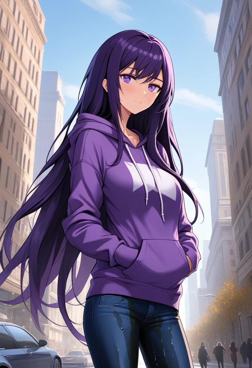 (masterpiece:1.37), best quality, (extremely detailed:1.37) woman, (mature:1.75), (adult:1.5), (very long hair:1.5), dark purple hair, purple eyes, (extremely detailed eyes:1.37), breasts stylish hoodie, jeans, (wetting herself:2.0), standing straight, full body day, daytime, glow, facing viewer, perfect composition, full body, city, street