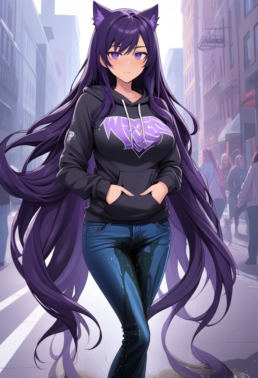 (masterpiece:1.37), best quality, (extremely detailed:1.37) woman, (mature:1.75), (adult:1.5), (very long hair:1.5), dark purple hair, purple eyes, (extremely detailed eyes:1.37), breasts stylish hoodie, jeans, (wetting herself:2.0), standing straight, full body day, daytime, glow, facing viewer, perfect composition, full body, city, street