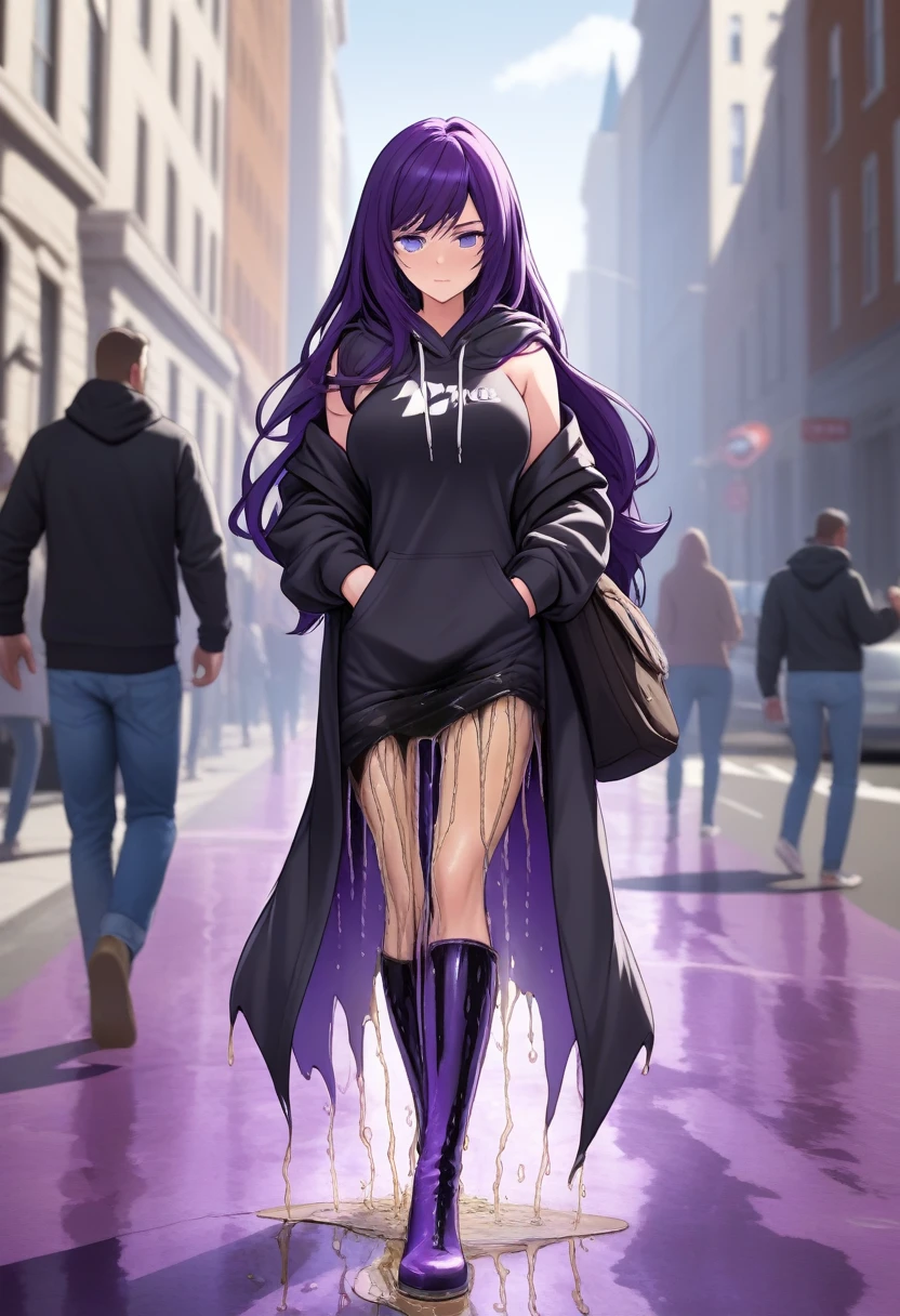 (masterpiece:1.37), best quality, (extremely detailed:1.37) woman, (mature:1.75), (adult:1.5), (very long hair:1.5), dark purple hair, purple eyes, (extremely detailed eyes:1.37), breasts stylish hoodie, jeans, (wetting herself:2.0), standing straight, full body day, daytime, glow, facing viewer, perfect composition, full body, city, street