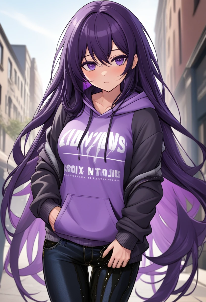(masterpiece:1.37), best quality, (extremely detailed:1.37) woman, (mature:1.75), (adult:1.5), (very long hair:1.5), dark purple hair, purple eyes, (extremely detailed eyes:1.37), breasts stylish hoodie, jeans, (wetting herself:2.0), standing straight, full body day, daytime, glow, facing viewer, perfect composition, full body, city, street