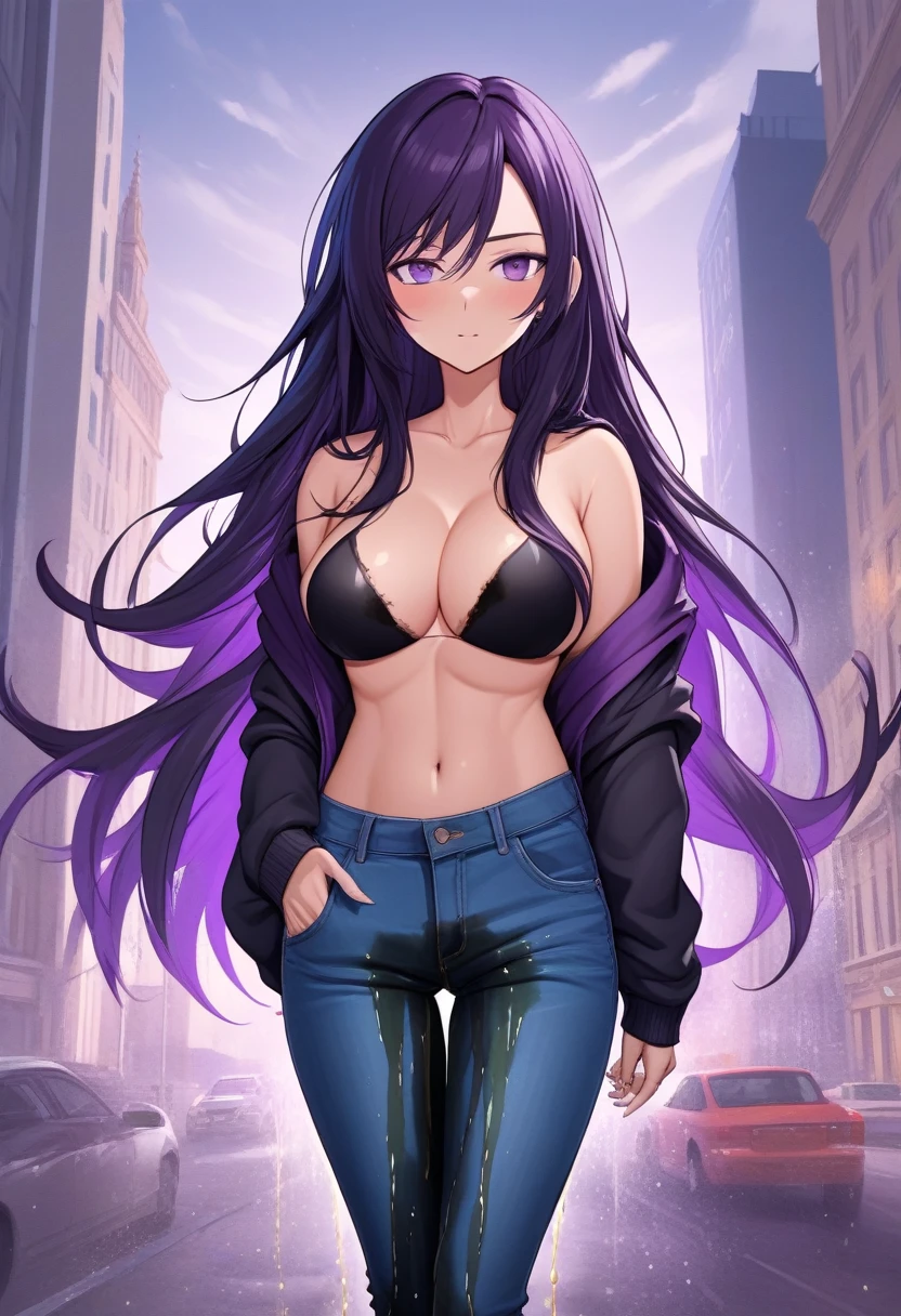 (masterpiece:1.37), best quality, (extremely detailed:1.37) woman, (mature:1.75), (adult:1.5), (very long hair:1.5), dark purple hair, purple eyes, (extremely detailed eyes:1.37), breasts stylish hoodie, jeans, (wetting herself:2.0), standing straight, full body day, daytime, glow, facing viewer, perfect composition, full body, city, street