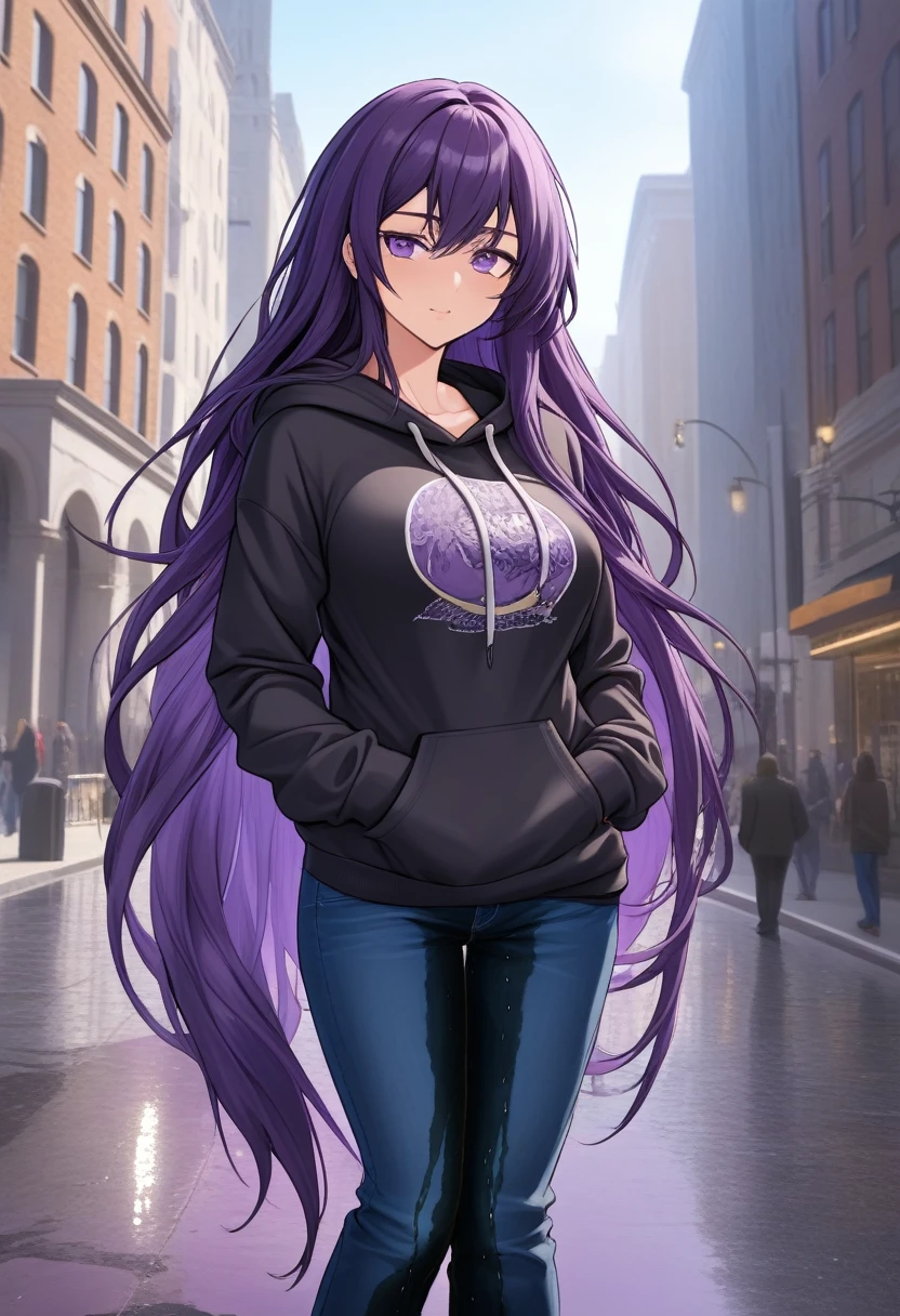 (masterpiece:1.37), best quality, (extremely detailed:1.37) woman, (mature:1.75), (adult:1.5), (very long hair:1.5), dark purple hair, purple eyes, (extremely detailed eyes:1.37), breasts stylish hoodie, jeans, (wetting herself:2.0), standing straight, full body day, daytime, glow, facing viewer, perfect composition, full body, city, street