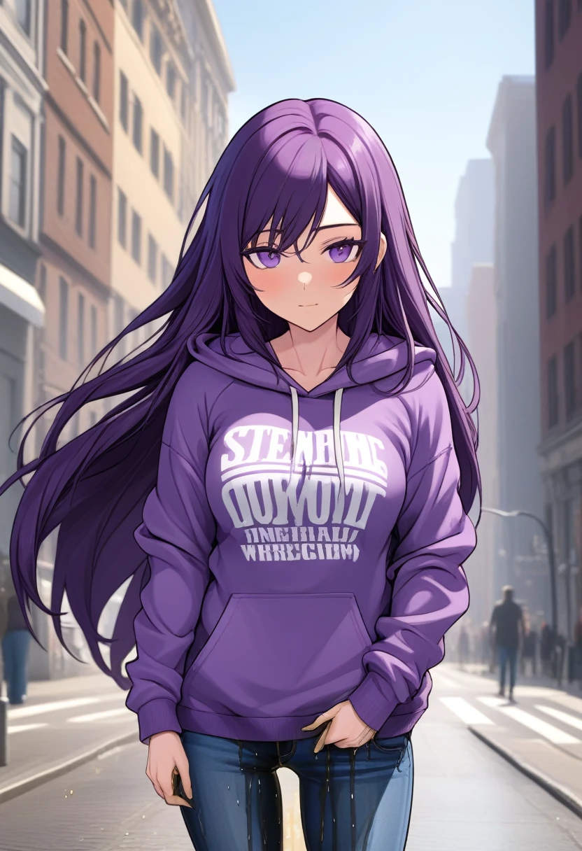 (masterpiece:1.37), best quality, (extremely detailed:1.37) woman, (mature:1.75), (adult:1.5), (very long hair:1.5), dark purple hair, purple eyes, (extremely detailed eyes:1.37), breasts stylish hoodie, jeans, (wetting herself:2.0), standing straight, full body day, daytime, glow, facing viewer, perfect composition, full body, city, street