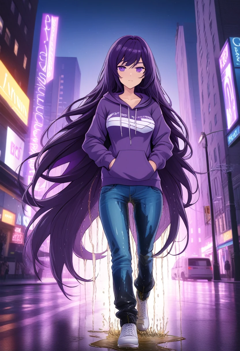 (masterpiece:1.37), best quality, (extremely detailed:1.37) woman, (mature:1.75), (adult:1.5), (very long hair:1.5), dark purple hair, purple eyes, (extremely detailed eyes:1.37), breasts stylish hoodie, jeans, (wetting herself:2.0), standing straight, full body day, daytime, glow, facing viewer, perfect composition, full body, city, street
