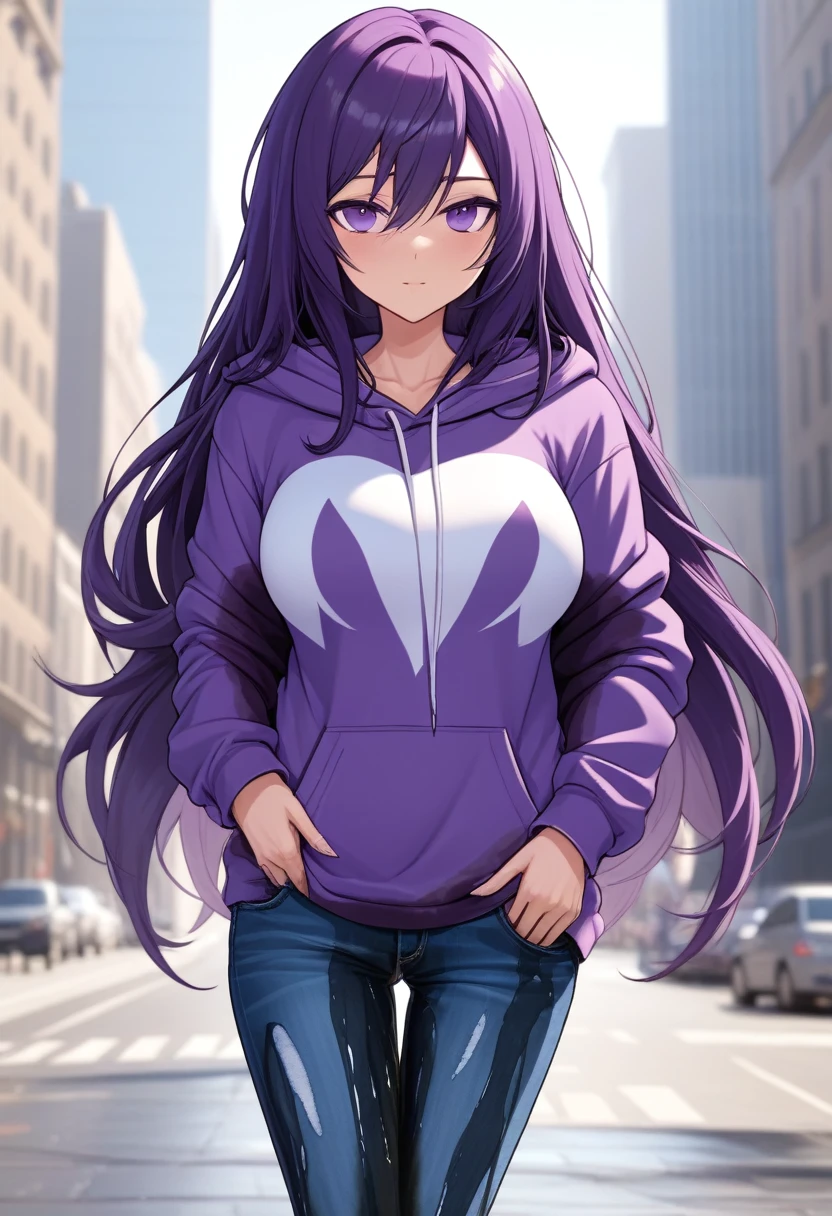 (Yuri wearing a ((purple zip up hoodie)), (blue jeans), and purple knee high lace up boots with round toes), Large breasts, thick thighs, cute, full body image, back view, long hair, purple eyes, quality images, ((high quality faces)), bedroom, standing, shy, cute women pose, blushing and embarrassed