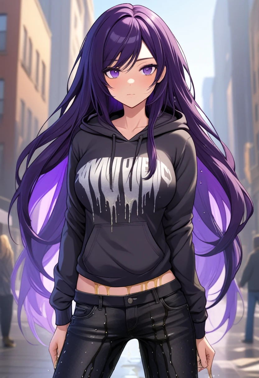 (masterpiece:1.37), best quality, (extremely detailed:1.37) woman, (mature:1.75), (adult:1.5), (very long hair:1.5), dark purple hair, purple eyes, (extremely detailed eyes:1.37), breasts stylish hoodie, jeans, (wetting herself:2.0), standing straight, full body day, daytime, glow, facing viewer, perfect composition, full body, city, street