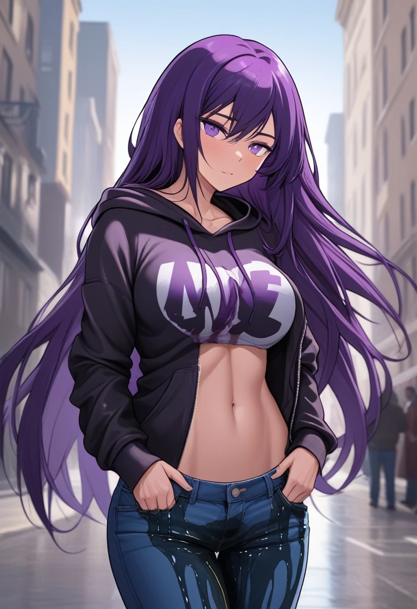 (masterpiece:1.37), best quality, (extremely detailed:1.37) woman, (mature:1.75), (adult:1.5), (very long hair:1.5), dark purple hair, purple eyes, (extremely detailed eyes:1.37), breasts stylish hoodie, jeans, (wetting herself:2.0), standing straight, full body day, daytime, glow, facing viewer, perfect composition, full body, city, street