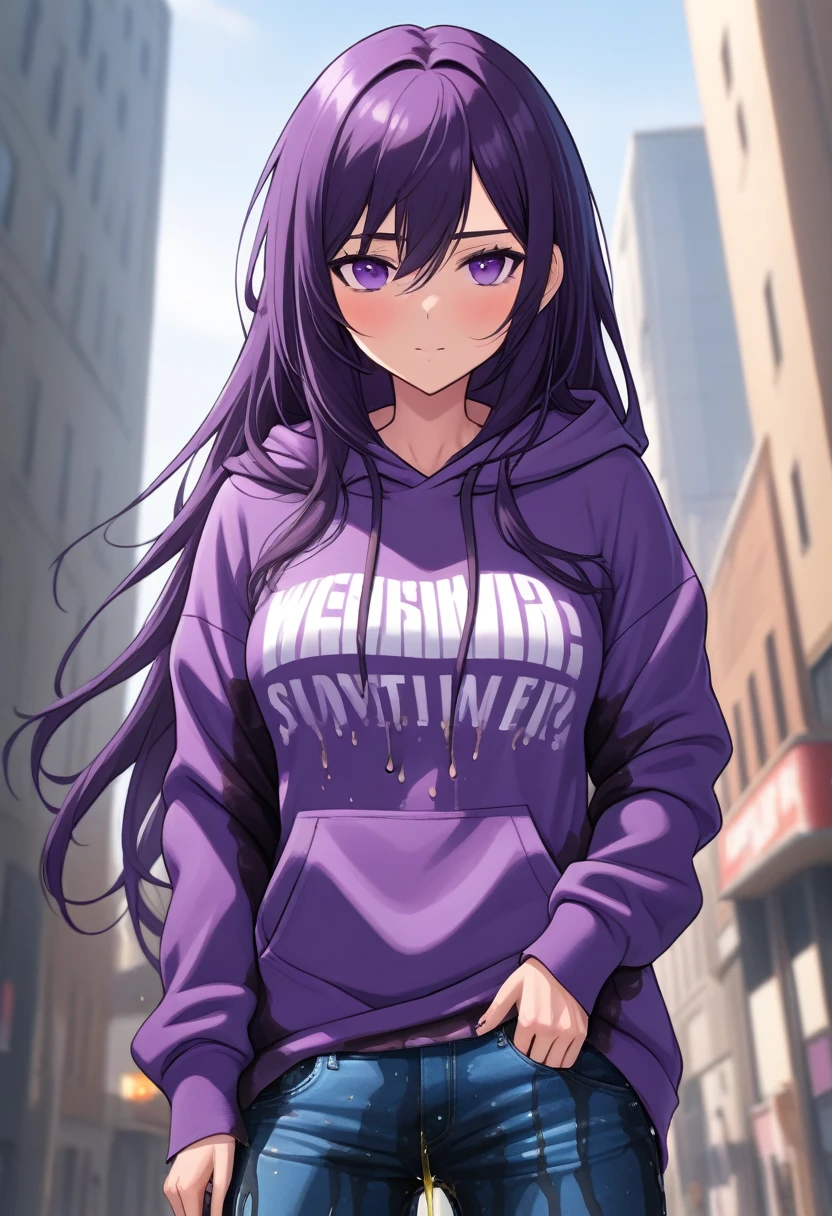 (masterpiece:1.37), best quality, (extremely detailed:1.37) woman, (mature:1.75), (adult:1.5), (very long hair:1.5), dark purple hair, purple eyes, (extremely detailed eyes:1.37), breasts stylish hoodie, jeans, (wetting herself:2.0), standing straight, full body day, daytime, glow, facing viewer, perfect composition, full body, city, street