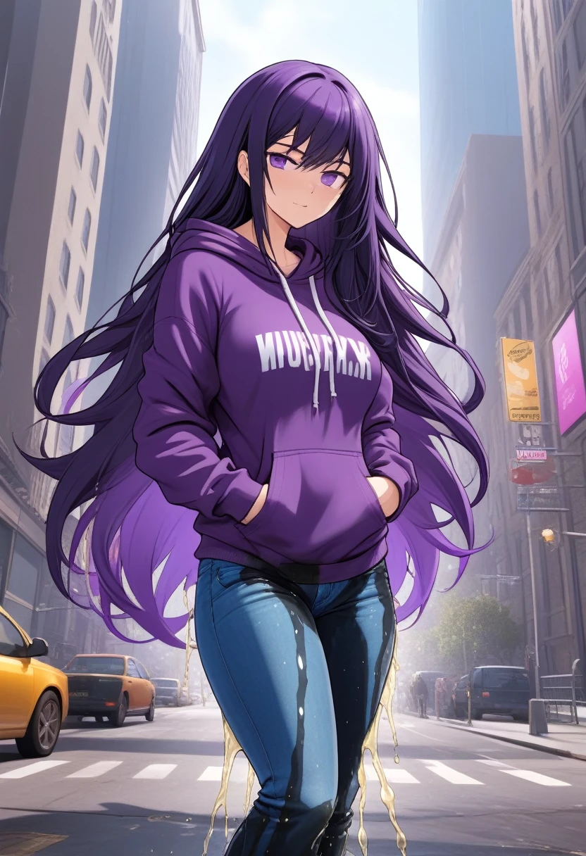 (masterpiece:1.37), best quality, (extremely detailed:1.37) woman, (mature:1.75), (adult:1.5), (very long hair:1.5), dark purple hair, purple eyes, (extremely detailed eyes:1.37), breasts stylish hoodie, jeans, (wetting herself:2.0), standing straight, full body day, daytime, glow, facing viewer, perfect composition, full body, city, street