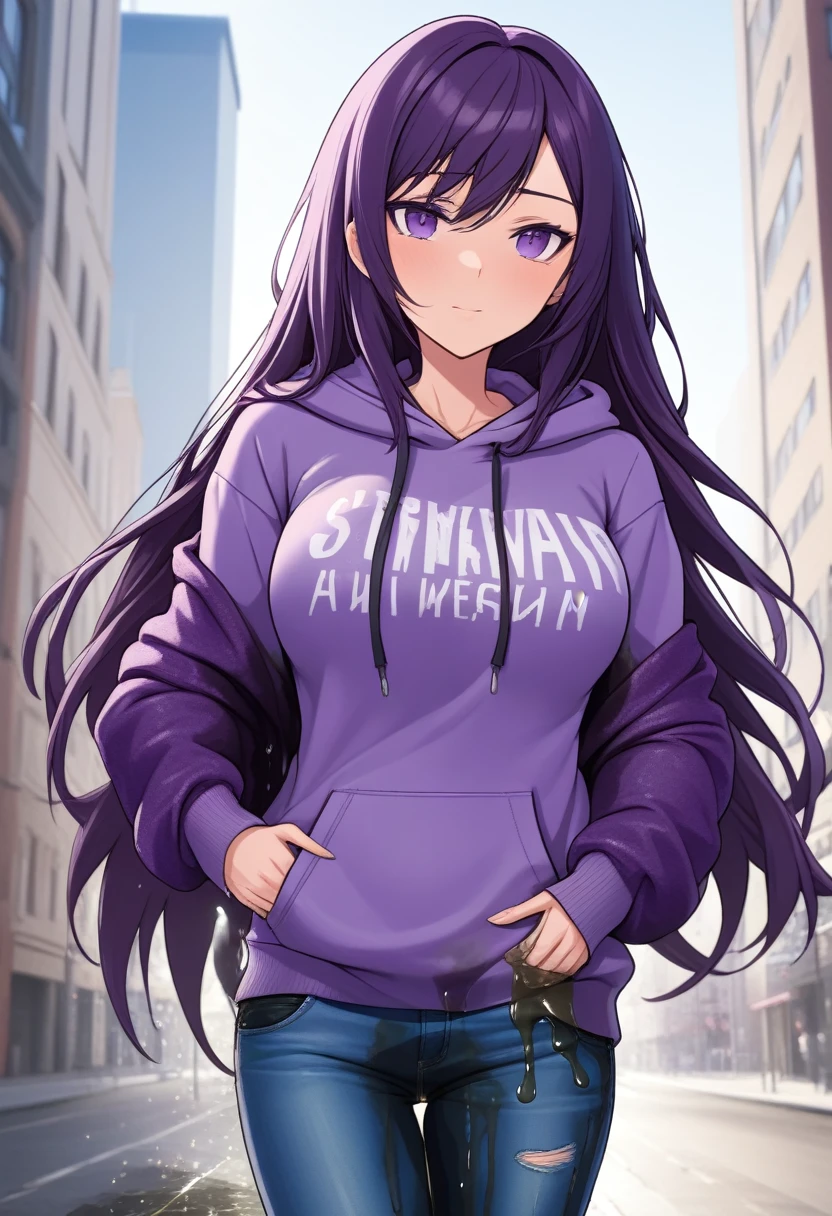 (masterpiece:1.37), best quality, (extremely detailed:1.37) woman, (mature:1.75), (adult:1.5), (very long hair:1.5), dark purple hair, purple eyes, (extremely detailed eyes:1.37), breasts stylish hoodie, jeans, (wetting herself:2.0), standing straight, full body day, daytime, glow, facing viewer, perfect composition, full body, city, street