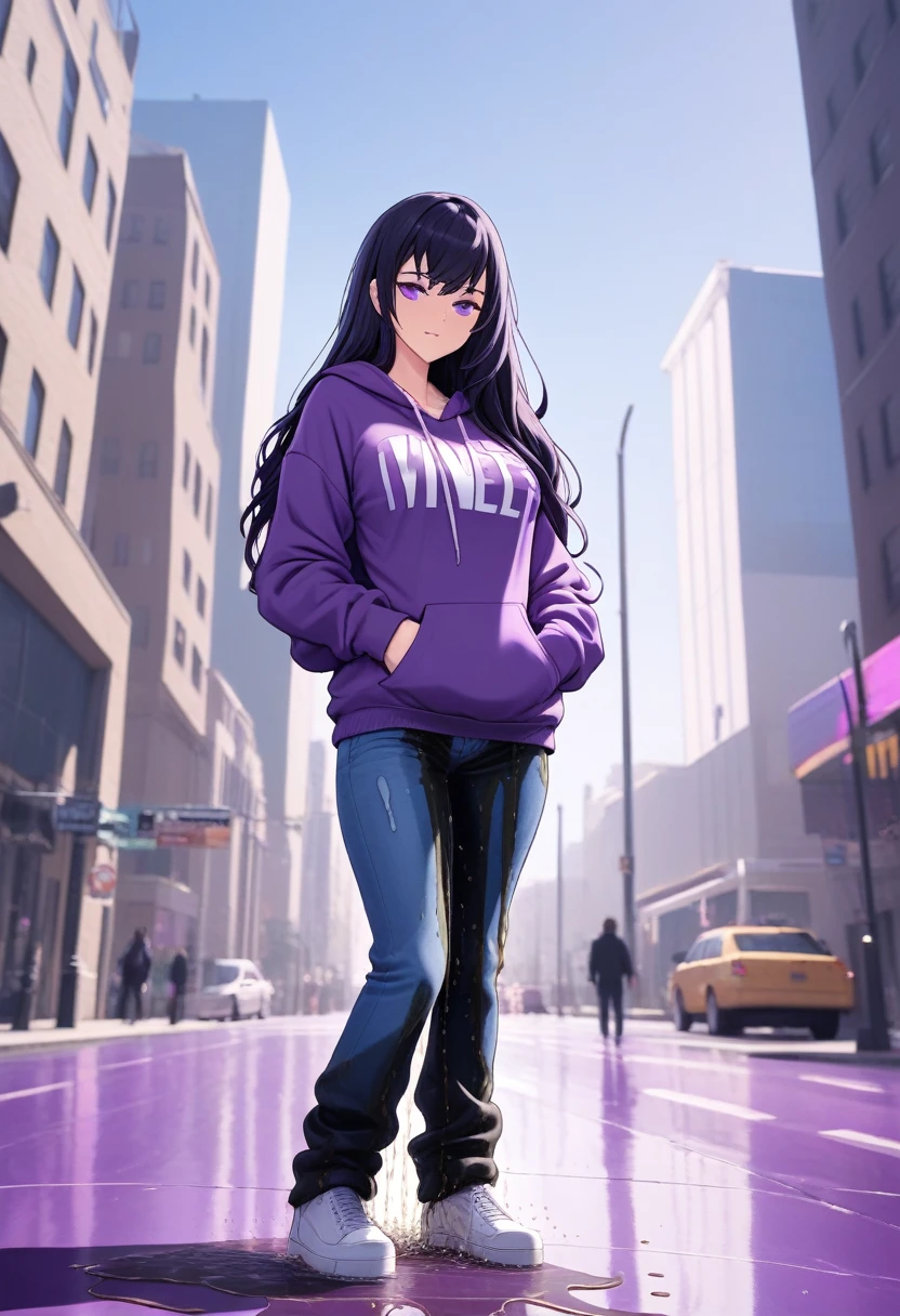 (masterpiece:1.37), best quality, (extremely detailed:1.37) woman, (mature:1.75), (adult:1.5), (very long hair:1.5), dark purple hair, purple eyes, (extremely detailed eyes:1.37), breasts stylish hoodie, jeans, (wetting herself:2.0), standing straight, full body day, daytime, glow, facing viewer, perfect composition, full body, city, street