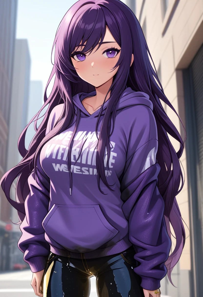 (masterpiece:1.37), best quality, (extremely detailed:1.37) woman, (mature:1.75), (adult:1.5), (very long hair:1.5), dark purple hair, purple eyes, (extremely detailed eyes:1.37), breasts stylish hoodie, jeans, (wetting herself:2.0), standing straight, full body day, daytime, glow, facing viewer, perfect composition, full body, city, street