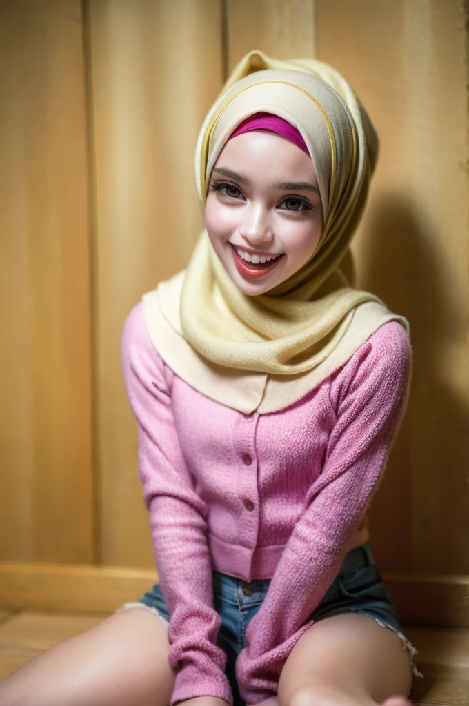 ((LAUGH AND SMILE SWEETLY)), ((Chubby)), ((Straddling)), "Naked Lingerie Bra" ((Hijab Stylish)), (Malaysia female), age 15 years old, 8K, photottorialism, G-String, ((RED LIPSTICK))