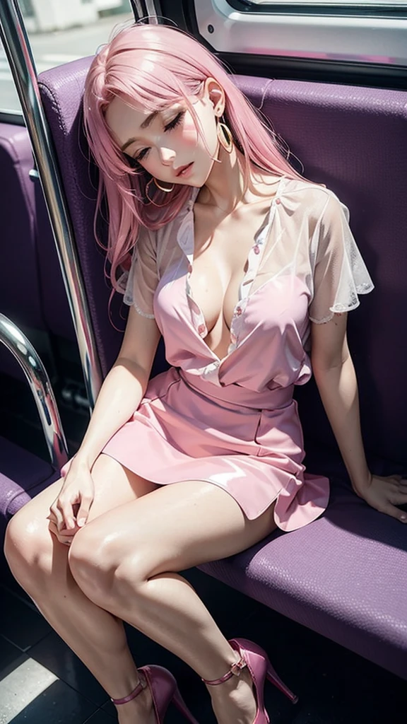 Clear images、Real women、Aqua hair,  
Side Tail, Slender figure , are a little bigger than normal , Full body shot from head to toe, Shiny light blue high heels、 blouse、、Large ring earrings, Sit down in the back of the bus, 、I threw my head back and fell into a deep sleep..,My arms are hanging down. I'm weak and want to sleep..Her knees are open and her  is visible., Both feet are on the floor, sleeping face, close your eyes, Mouth wide open and drool、tilt your head back and look up, You can rest your head on the seat and sleep soundly.., Anatomically correct,A composition looking up from directly in front 