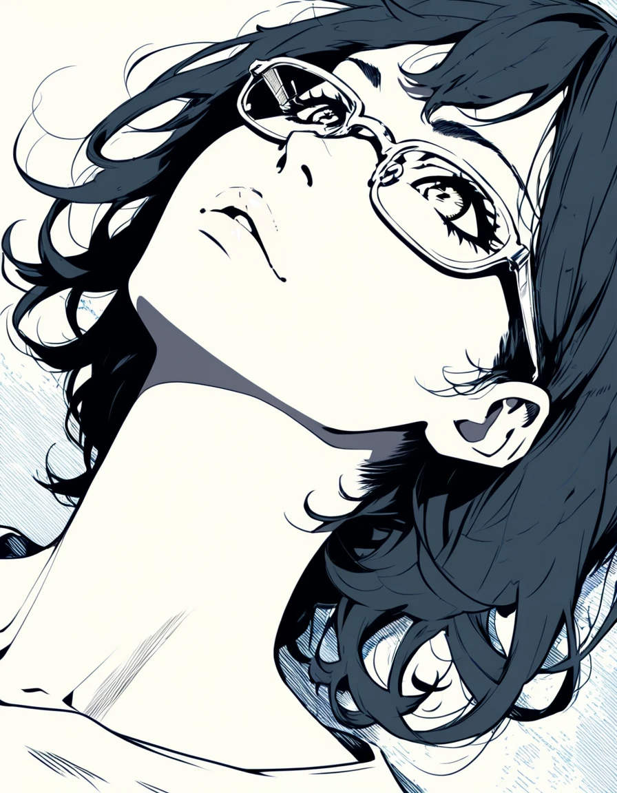 ultra-detailed:1.3, ultra delicate and detailed face:1.3, (absurdres, texture, masterpiece), ennui, pixiv contest winner, by Posuka Demizu, dynamic manga-style illustration of slender girl with glasses, moist eyes, moist lips, head tilt, head back,
