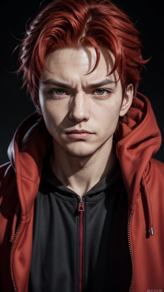a close-up of a person with red hair and a red hoodie, ninja killer portrait, portrait of hunter hisoka hunter, handsome guy in demon slayer art, trigger anime art style, JUJUTSU KAİSEN, Tetsuo de Akira, Joker looks like Naruto, kentaro miura manga art style, Anime main art, your eyes glowing red