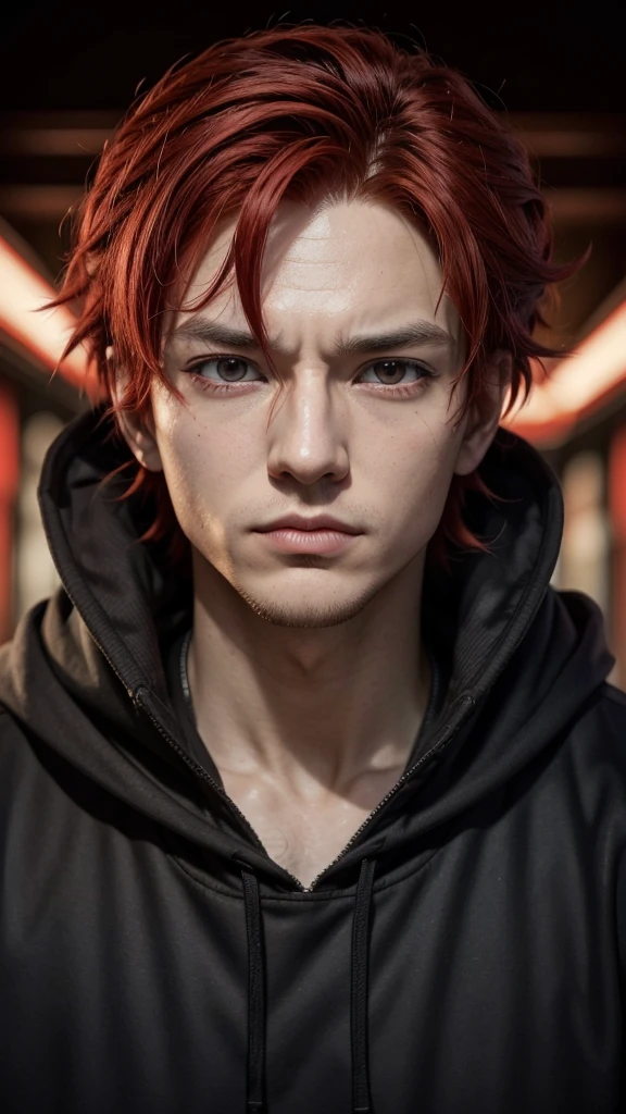 a close-up of a person with red hair and a red hoodie, ninja killer portrait, portrait of hunter hisoka hunter, handsome guy in demon slayer art, trigger anime art style, JUJUTSU KAİSEN, Tetsuo de Akira, Joker looks like Naruto, kentaro miura manga art style, Anime main art, your eyes glowing red