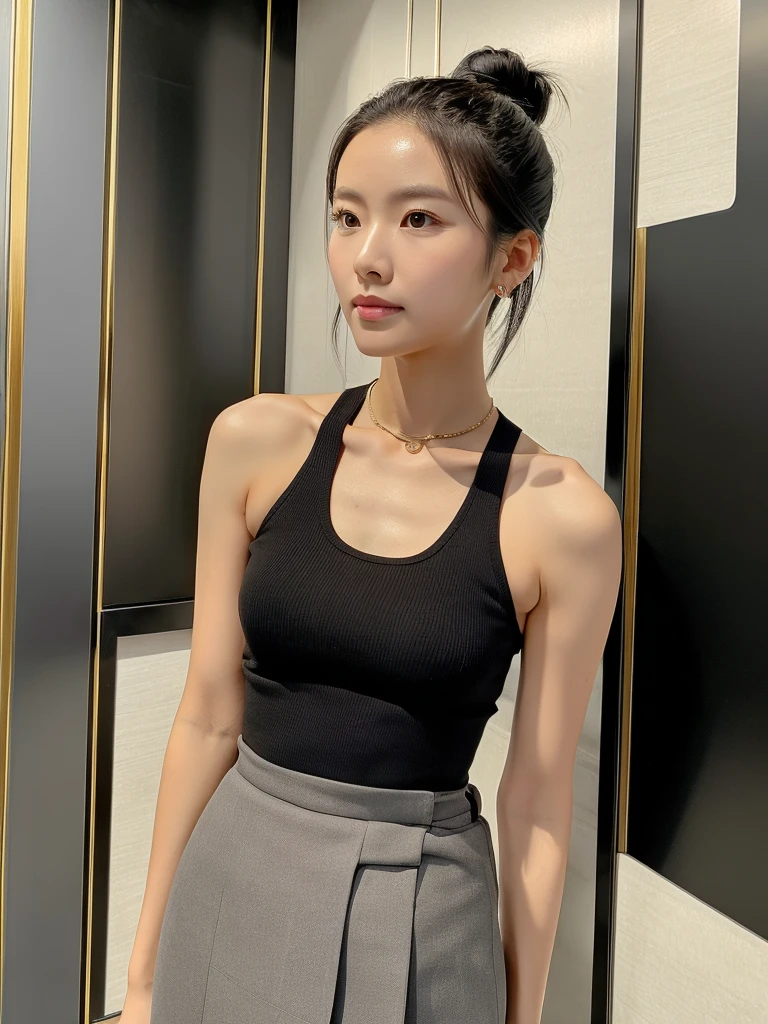 high quality,Perfect body:1.4,Close-up of a beautiful woman,Black bun,White collar sleeveless shirt tied at the bottom,Black long skirt,Showing a slim waist, abdomen and navel,Right hand grabs the black handbag on the right shoulder,Alone in the golden elevator,Stand up straight, chest and abdomen tucked in,Body facing the audience。