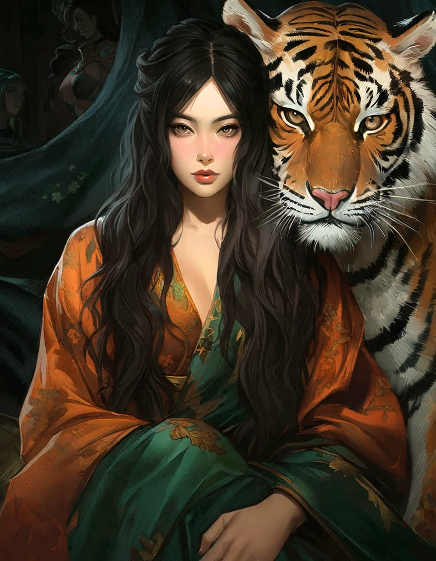 painting of a woman and a tiger in a forest, beautiful character painting, artgerm and ruan jia, 由杨J, Alena Aenami e Artgerm, magali villeneuve', artista gráfica magali villeneuve, Alice X. zhang, Ruan Jia e Artgerm, fantasy art style, Ross Tran e Michael Whelan