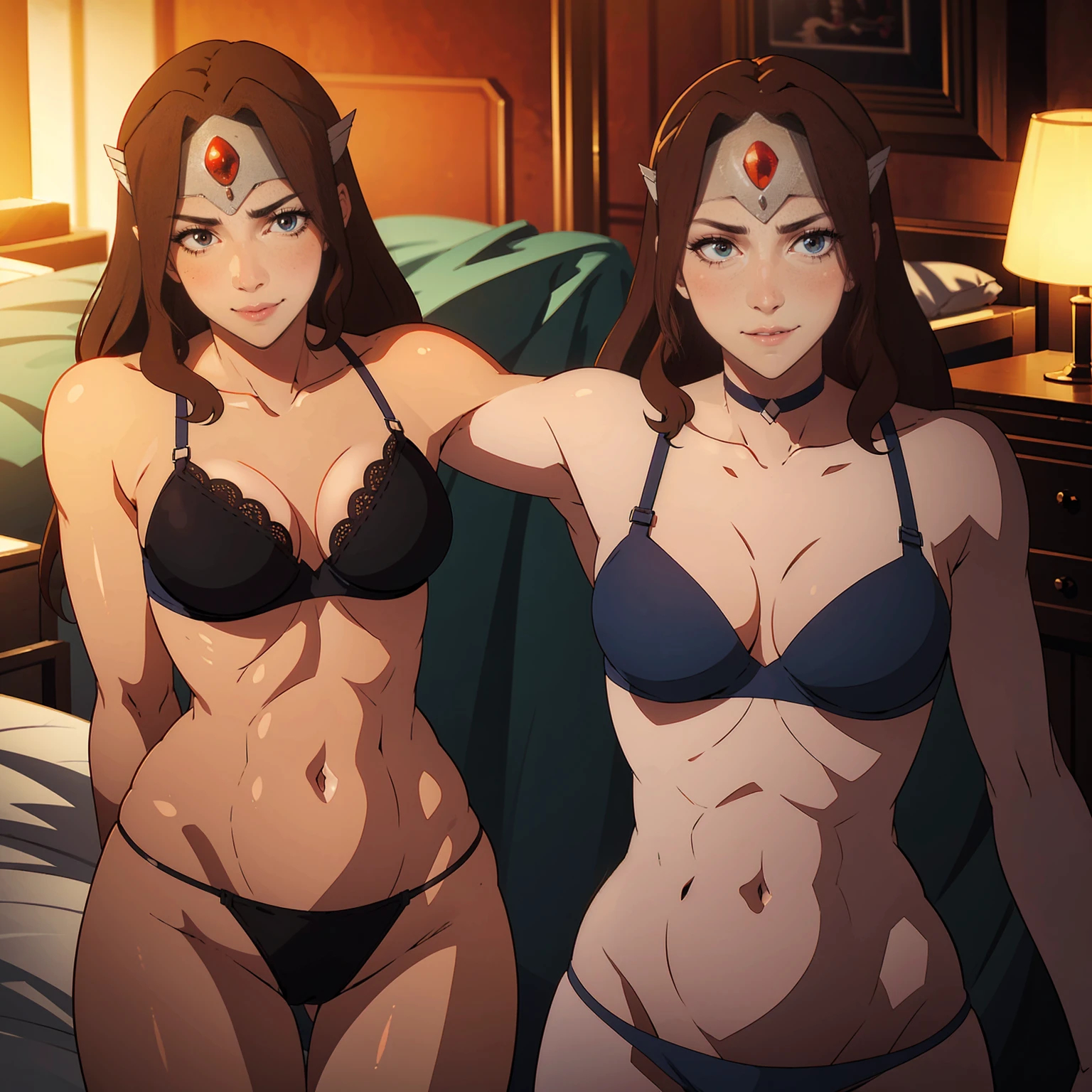 default mirana, ((long brown hair, glowing blue eyes, makeup, narrow waist, skinny, medium breasts, circlet)), pelvic curtain, ((black panties, red bra)), full body, perfect body, (insanely detailed, beautiful detailed face, masterpiece, best quality) , (((solo))), (((1girl))), (((mature))), (extremely detailed 8k paper CG wall unit: 1.1), (bed, bedroom, dusk), (smile face for the viewer),