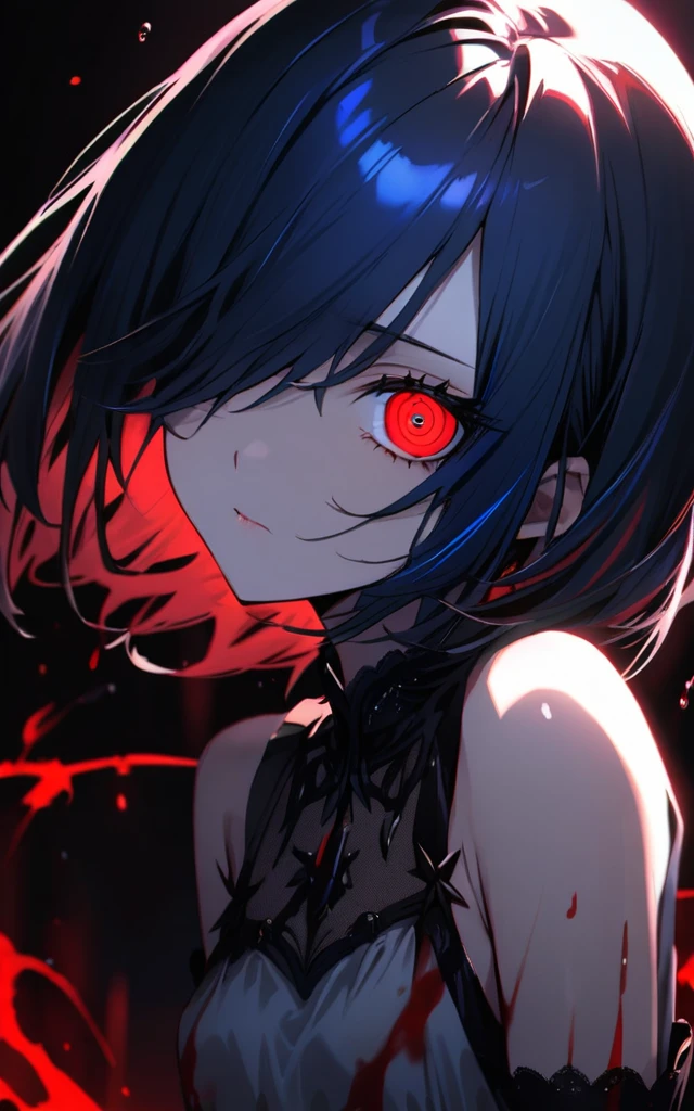 (masterpiece)、(absurdres)、(ultra detailed),Crazy Eyes、despair、Dark Side、closed mouth,Blood droplets、darkness,Blood pool space、Blood dripping background:1.3、solo girl、slender:1.1、shiny ultramarine hair、straight hair、short bobcut:1.1、hair covering one eye:1.1、small breast:0.8、ultramarine eyes、irisless eyes、white gothic dress,black detailed,birds-eye angle,