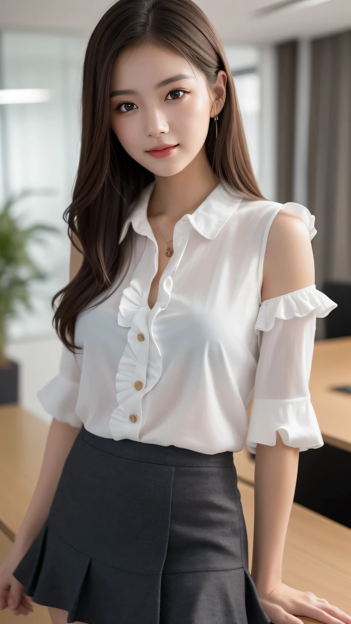 (1girl), (round eyes:1.2), (highly detailed face and eyes), smile, Amazing face and eyes, (frills shirt:1.3), (Best Quality:1.4), (Ultra-detailed), (extremely detailed CG unified 8k wallpaper), Highly detailed, High-definition raw color photos, Professional Photography, Realistic portrait, Amazing face and eyes, indoors, office, (office lady, casual, No sleeve, mini Skirt:1.3), (A moment of relaxation), model, depth of fields, (fine face:1.2),