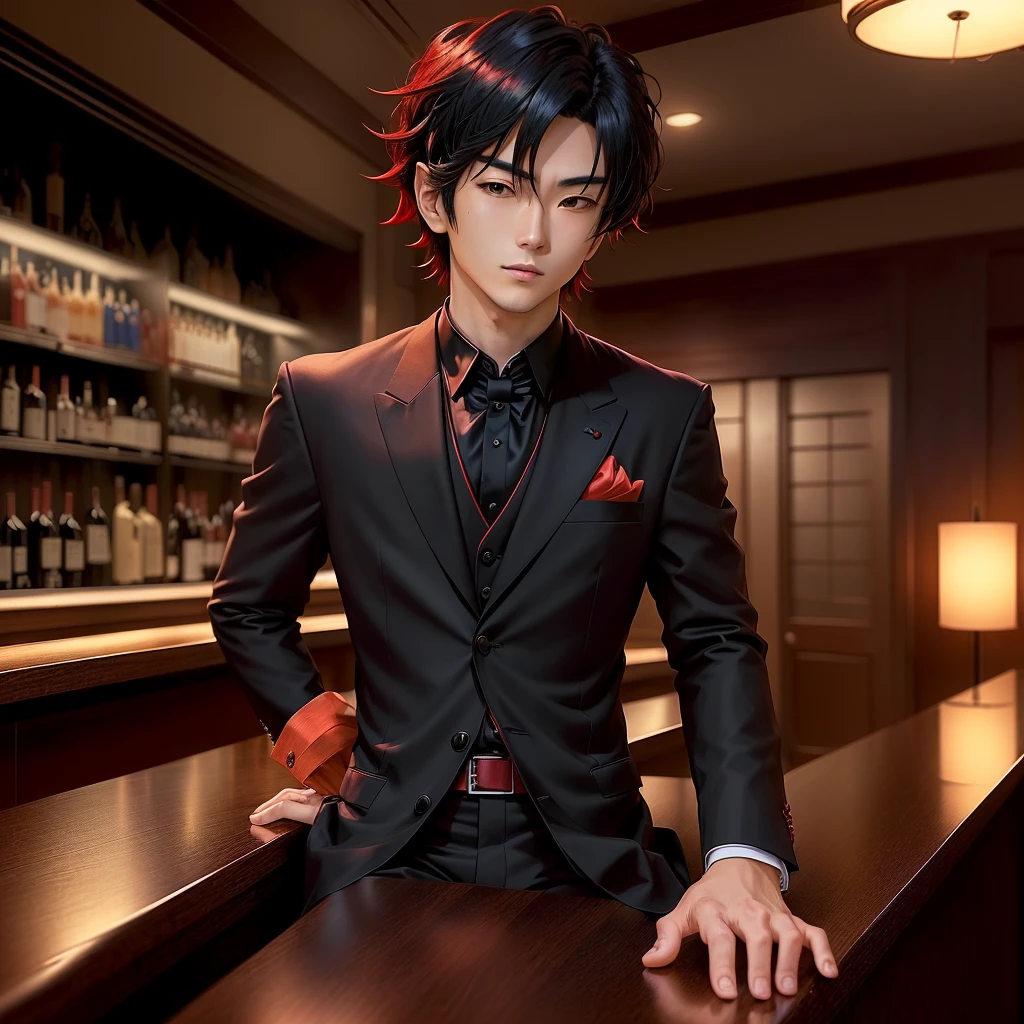 anime character sitting at a bar with a glass of wine, miura kentaro style, stylish anime key look, wearing a black and red suit, red line anime film style, in the anime film, red and black suit, kentaro miura style, today's featured anime yet, black and red suit, shuushuu anime image, offcial art