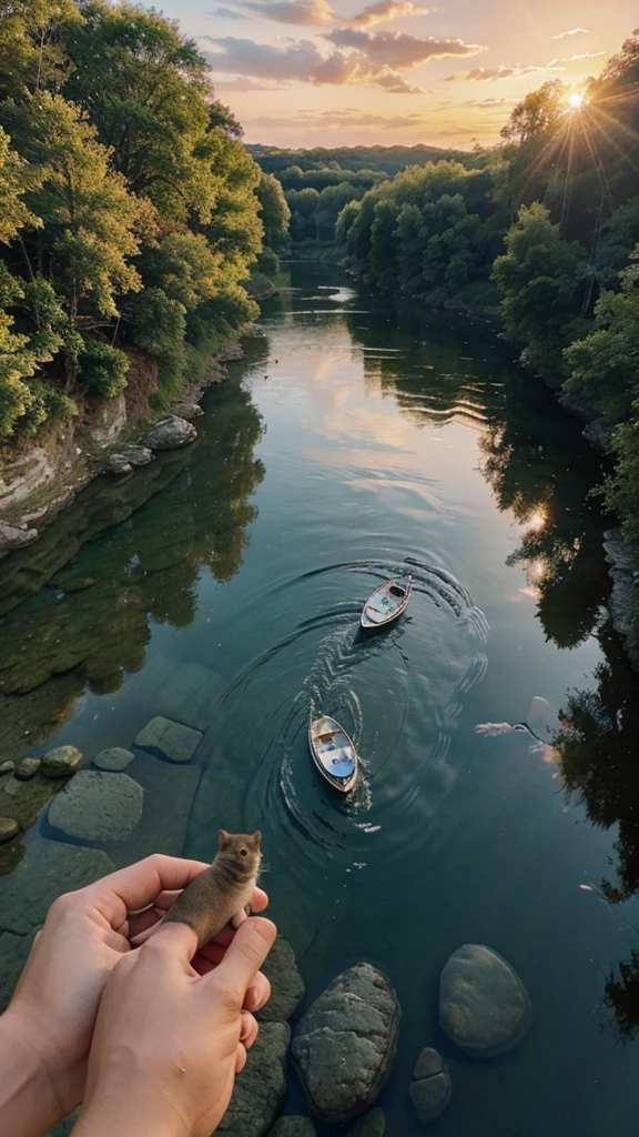 A very beautiful river, crystal clear water and a stunning landscape with a wonderful sunset with small animals 