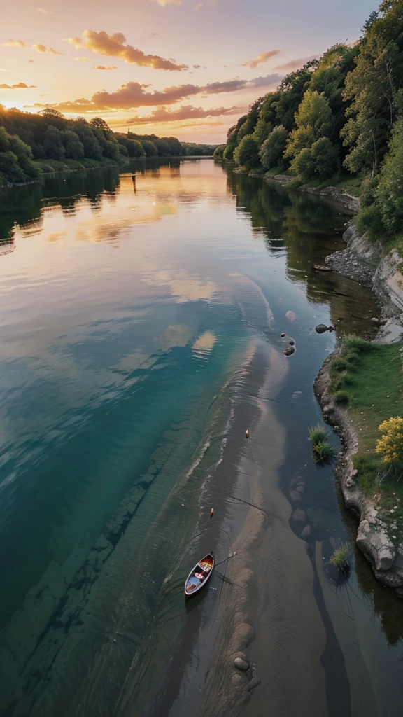 A very beautiful river, crystal clear water and a stunning landscape with a wonderful sunset with small animals 