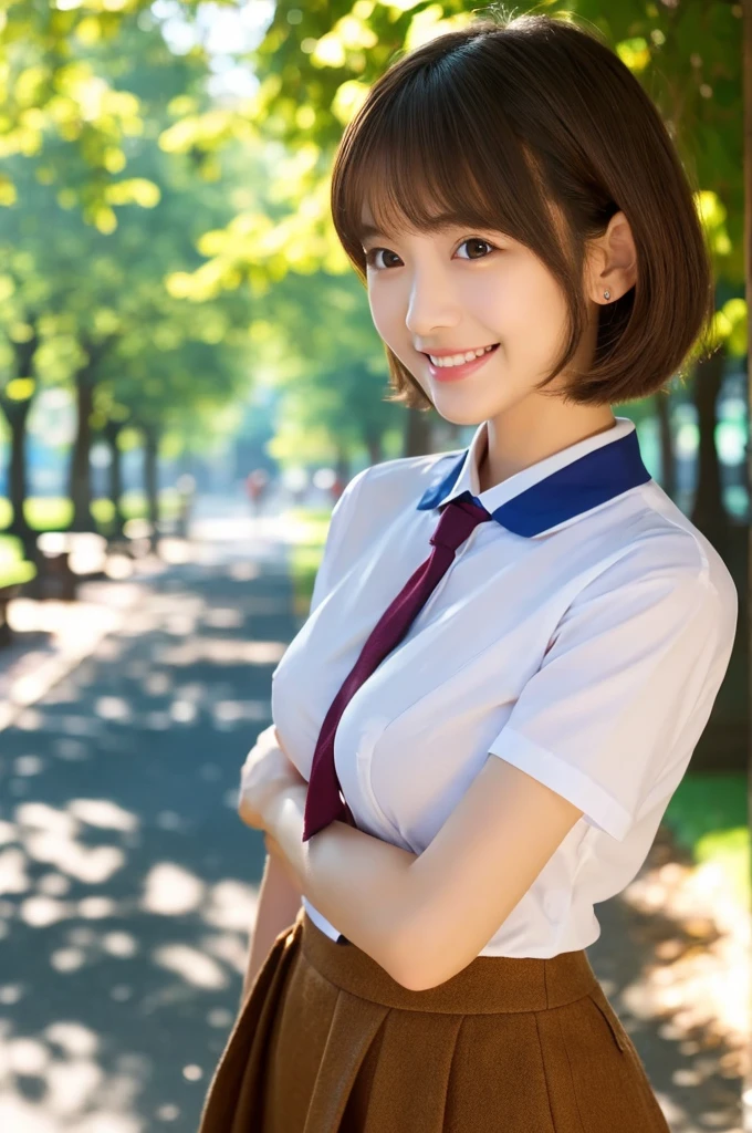 top-quality、ultra-detailliert、masterpiece、realisitic、Photo Real、one girls、(Cute 17 year old girl、small head)、(kawaii:1.2)、huge smile、(Brown hair、Short bob hair)、eyes are brown、perfect glossy skin、((A slender))、((Perfect body))、model poses、accurate depiction、in 、white shirt、Blue skirt、Red tie、large full breasts、Bright lighting、Sunnyday、a park、Blur the background