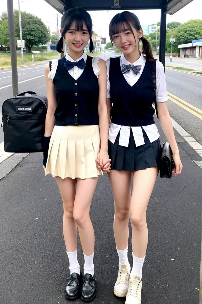 2 girls walking at Japanese bus stop,navy blue knitted vest over white shirt,white thong,navy blue pleated micro mini skirt,bow tie,hands on crotch,spreading legs apart,18-year-old,bangs,a little smile,thighs,knees,short hair with low pigtails,from before,front light