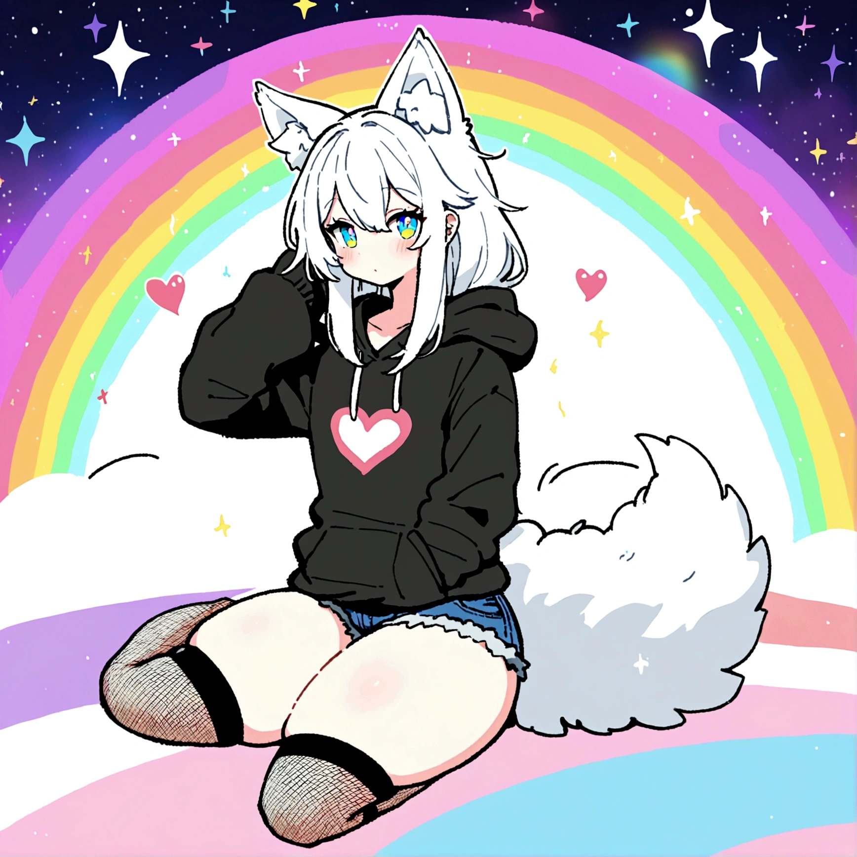 a cute adult male with wolf ears, long white hair, long locks, has a wolf tail, wearing a loose cropped black hoodie, wearing a pair of denim short shorts and fishnet stockings, thick thighs, wide hips, relaxing on mound of fluffy multi colored kawaii plushies, short, very slim, showing slender tummy, heart on hoodie, squishy thighs, has glowing blue eyes. alone, solo (ALONE)(SOLO), surrounded by rainbows, colorful galaxy backround