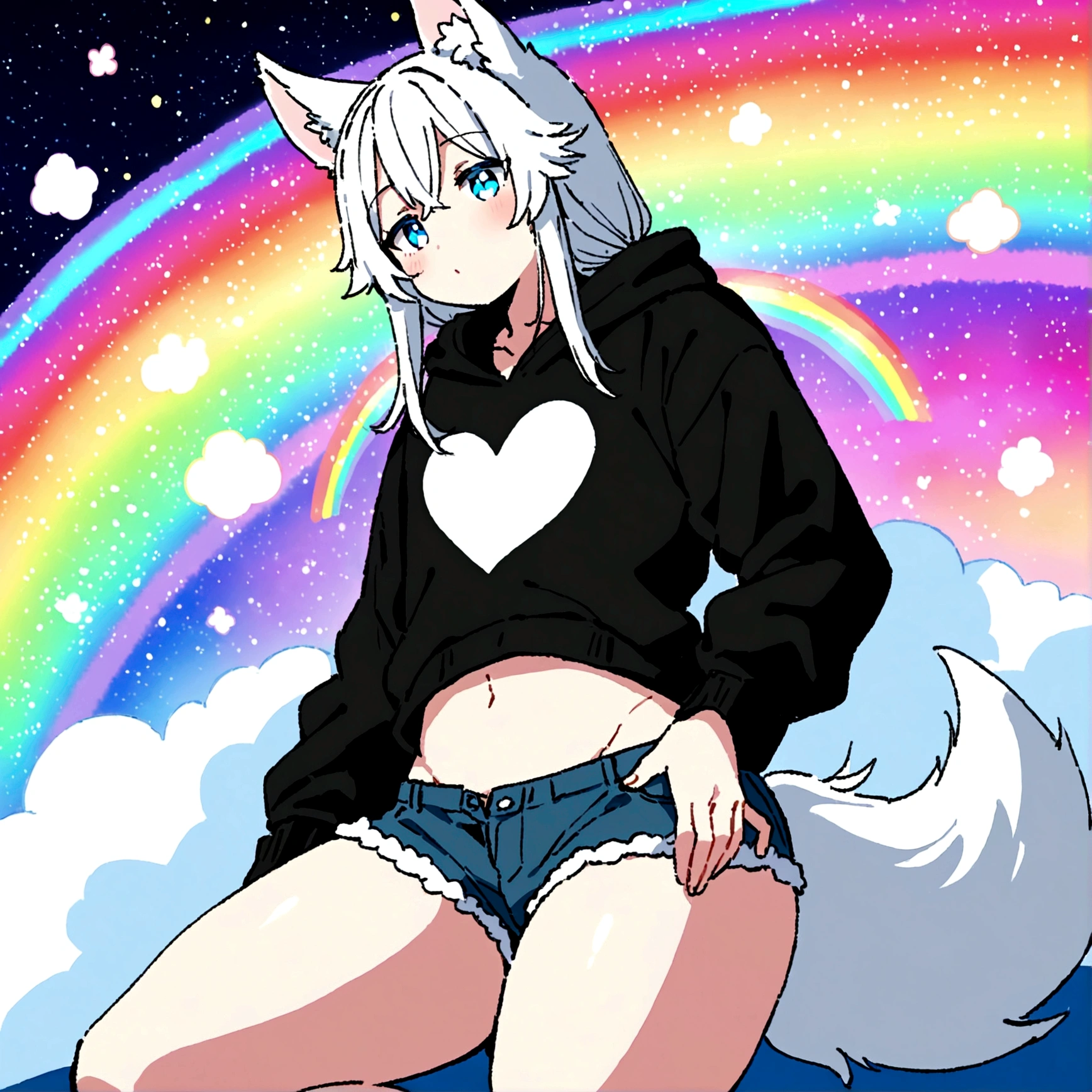 a cute adult male with wolf ears, long white hair, long locks, has a wolf tail, wearing a loose cropped black hoodie, wearing a pair of denim short shorts and fishnet stockings, thick thighs, wide hips, relaxing on mound of fluffy multi colored kawaii plushies, short, very slim, showing slender tummy, heart on hoodie, squishy thighs, has glowing blue eyes. alone, solo (ALONE)(SOLO), surrounded by rainbows, colorful galaxy backround