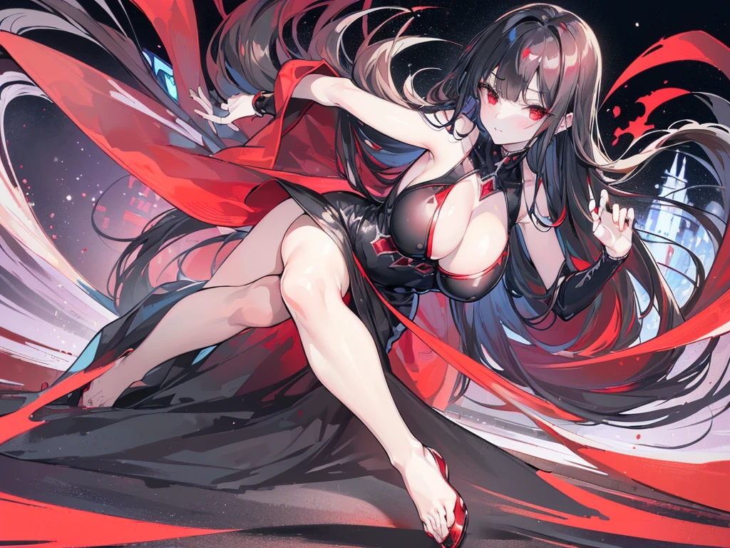 (Exquisite eyes),(Clear and beautiful eyes:1.61),masterpiece, 1 young girl,(Black clothes and some red gems), Black long hair, (She has a huge red gem on her chest), Good Hand,((The Havoc of StarCraft)),full-body shot,Fighting Stance,(Red Eyes:1.466)，short and small,(Very big breasts:1.35),(Pretty Face),(full-body shot:1.33),Beautiful hands