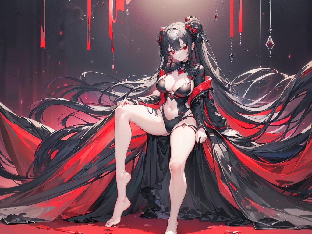 (Exquisite eyes),(Clear and beautiful eyes:1.61),masterpiece, 1 young girl,(Black clothes and some red gems), Black long hair, (She has a huge red gem on her chest), Good Hand,((The Havoc of StarCraft)),full-body shot,Fighting Stance,(Red Eyes:1.466)，short and small,(Very big breasts:1.35),(Pretty Face),(full-body shot:1.33),Beautiful hands