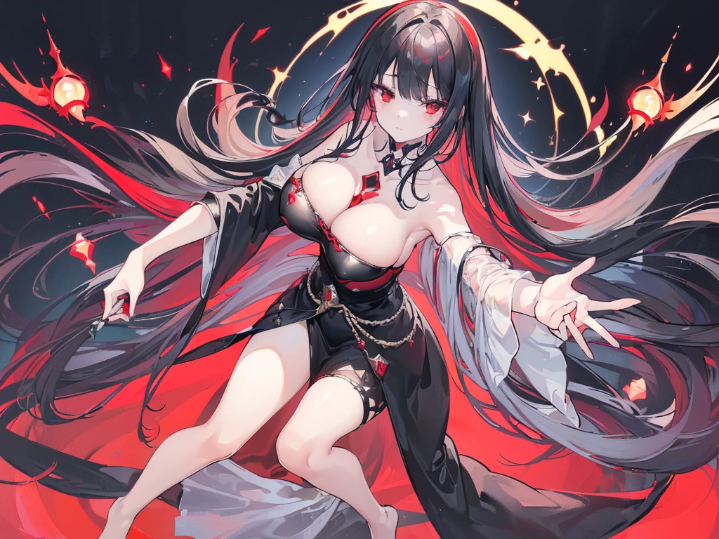(Exquisite eyes),(Clear and beautiful eyes:1.61),masterpiece, ung girl,(Black clothes and some red gems), Black long hair, (She has a huge red gem on her chest), Good Hand,((The Havoc of StarCraft)),full-body shot,Fighting Stance,(Red Eyes:1.466),short and small,(Very big breasts:1.35),(Pretty Face),(full-body shot:1.33),Beautiful hands