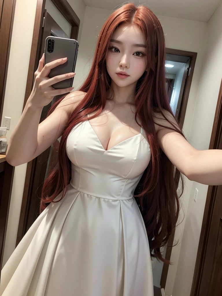  Korean with long red hair, white gown, Selfie