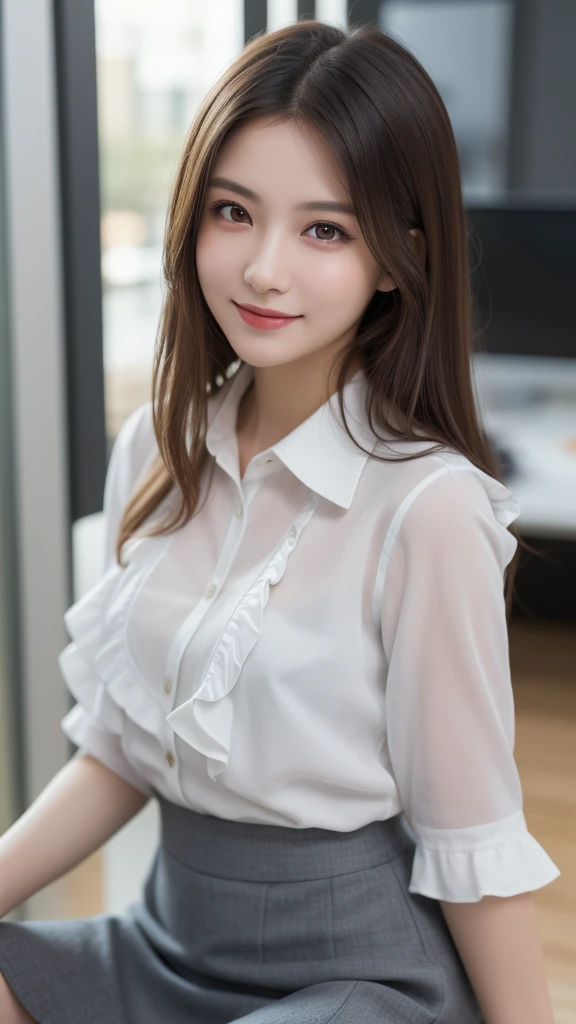 (1girl), (round eyes:1.2), (highly detailed face and eyes), smile, Amazing face and eyes, (frills shirt:1.3), (Best Quality:1.4), (Ultra-detailed), (extremely detailed CG unified 8k wallpaper), Highly detailed, High-definition raw color photos, Professional Photography, Realistic portrait, Amazing face and eyes, indoors, office, (office lady, casual, No sleeve, mini Skirt:1.3), (A moment of relaxation), model, depth of fields, (fine face:1.2),