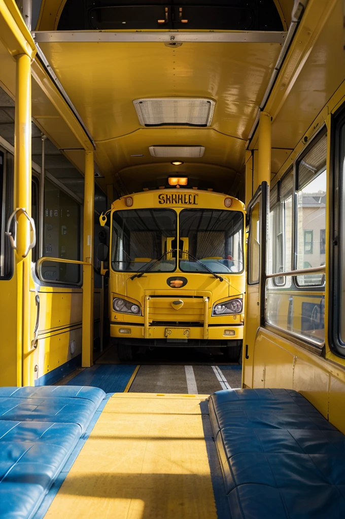 Draw a bright yellow school bus with large windows and a bright blue door. On the front of the bus, draw a friendly driver's face and a waving hand. On the side of the bus, draw children laughing and waving to the camera. On the back of the bus, draw the words "School Bus" in red and yellow letters.