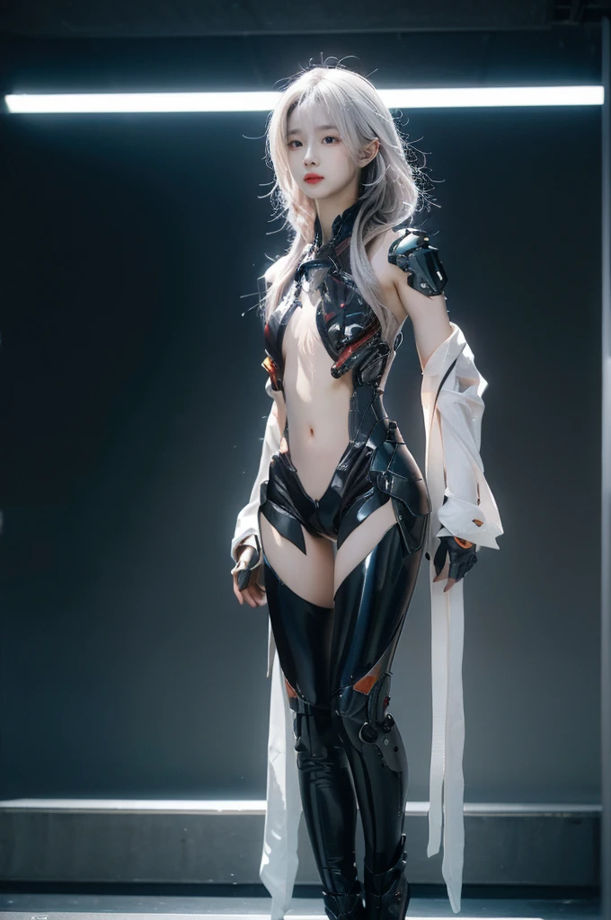 {{best quality, 1080P, Masterpiece, Ultra high resolution, photorealistic, ultra realism, Realistic skin texture, Extreme skin detail, dslr, Detailed eyes, Facing the camera, very beautiful face, Concise facial structure, Pale skin, Realistic skin texture, Extreme skin detail, oc render reflection textures, Realistic light and shadow, Single picture, alone, gray hair, The body is slim and balanced., Age 20, Height 170, naked girl, Nude, no underwear, A girl with the body of a mechanical robot., Transparent futuristic black glass mech armor suit, The mechanical cervix is attached to the neck., The robot circuit is stuck in the middle of the back., flat stomach, perfect robot arm, perfect robot legs, full body view, Whole body photo.}}