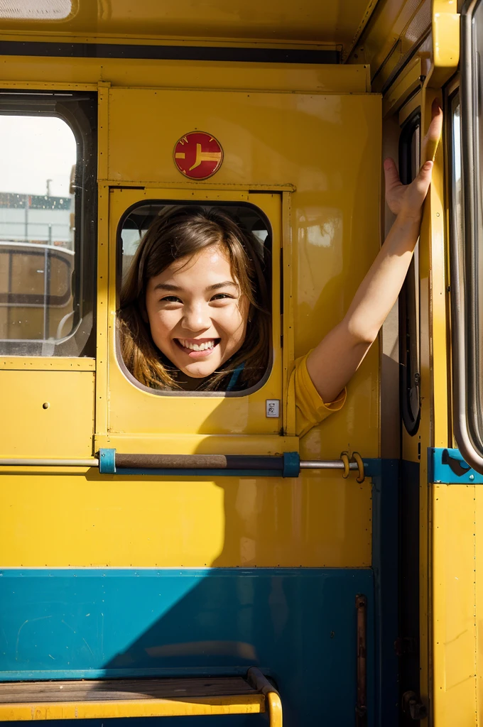 Draw a bright yellow school bus with large windows and a bright blue door. On the front of the bus, draw a friendly driver's face and a waving hand. On the side of the bus, draw children laughing and waving to the camera. On the back of the bus, draw the words "School Bus" in red and yellow letters.