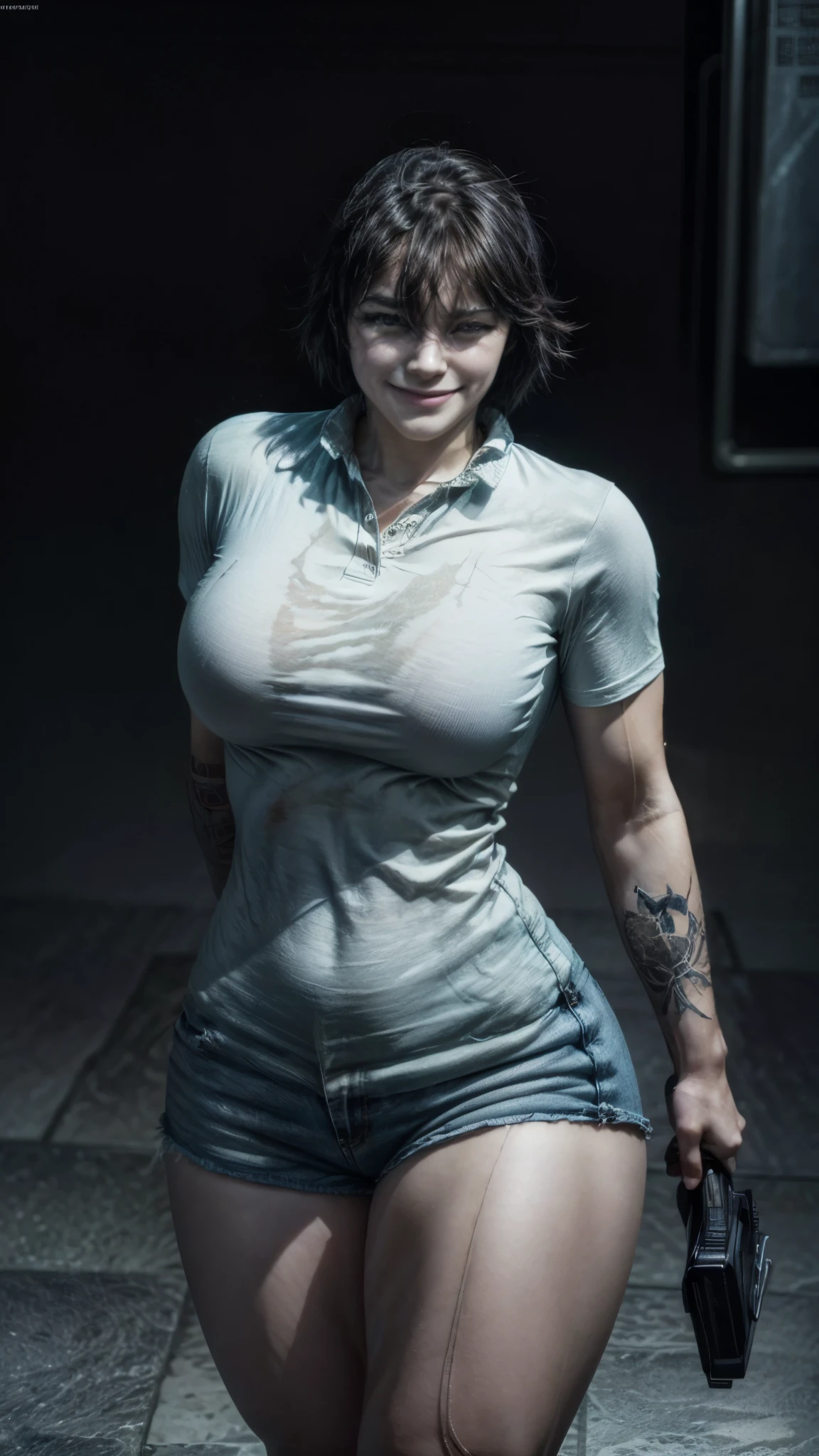 (extremely detailed CG unity 8k wallpaper), (masterpiece), (best quality), (ultra-detailed), (best illustration), (best shadow), (absurdres), 1girl, solo, chiquita, blue shirt, polo shirt, popped collar, arm tattoo, looking at viewer, smile, large breasts, thick thighs, curvy hips, muscular body 