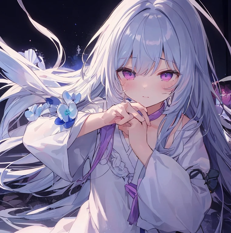 most（most好的质量，8K，masterpiece：1.2）（Granular shiny eyes，Bright shining eyes，intricate irises，Delicate lashes，Detailed eyeliner strokes：1.1），Black hair，Purple，blue，White background。Pink Eyes。（charming，Shy，astringent：1.2）。Clear eyes，Ultra Detailed，Watercolor style，fairy tale主题，color palettes。拥have美丽精致的眼睛和甜美的微笑，It creates a warm and inviting atmosphere。强调astringent。Add a touch of sexiness to the scene。have（muted pastels）。fairy tale，Light，Fighting Spirit Awakening Series Skin Color。Yandere，Q version avatar，Open one eye and close one eye。（DetAiled left eye closed，The delicate iris of the right eye：1.2），Fierce eyes。(Masculine，astringentastringent的，Long hair: 1.3)，16k Wallpaper