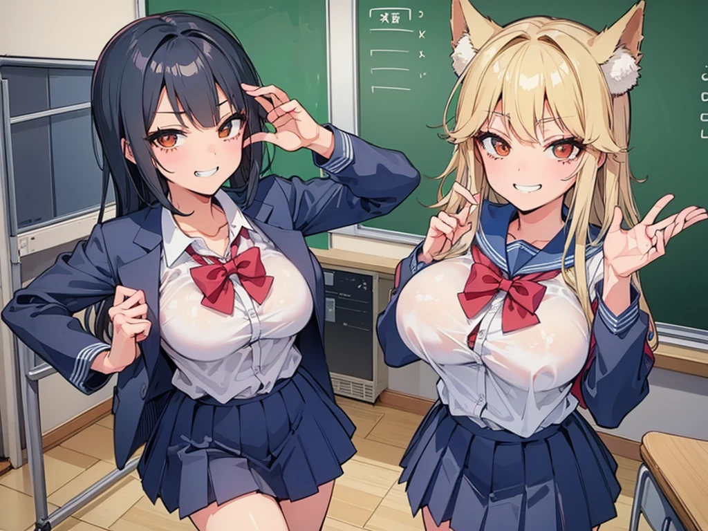 high school girl、Dressed in high 、School classroom、(Big Breasts)、Grinning face、((独奏))、smirk、