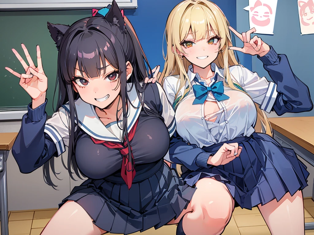 high school girl、Dressed in high 、School classroom、(Big Breasts)、Grinning face、((独奏))、smirk、
