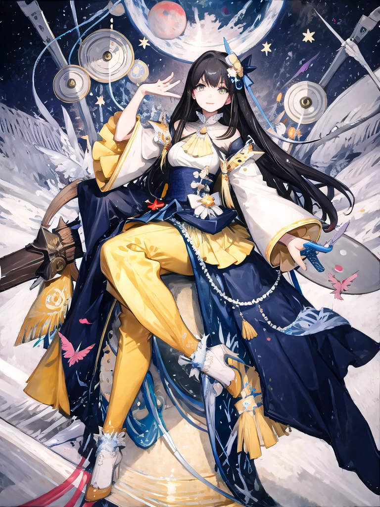 (Masterpiece:1.6),(best quality:1.6), (Ultra high resolution1.2),สัดส่วนที่perfect,The face is very clear.,perfect,The pattern is yellow stars.,Yellow dress pattern with bat shadow pattern on the skirt and shirt.,short skirt above the mountain,happy smile,womanคนเดียว,Bright face,The eyes inside are heart shaped.,The outfit isn't revealing.,puffy sleeves,full body,woman