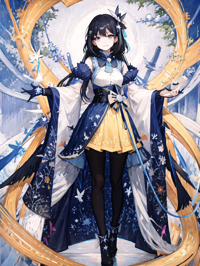 (Masterpiece:1.6),(best quality:1.6), (Ultra high resolution1.2),สัดส่วนที่perfect,The face is very clear.,perfect,The pattern is yellow stars.,Yellow dress pattern with bat shadow pattern on the skirt and shirt.,short skirt above the mountain,happy smile,womanคนเดียว,Bright face,The eyes inside are heart shaped.,The outfit isn&#39;t revealing.,puffy sleeves,full body,woman